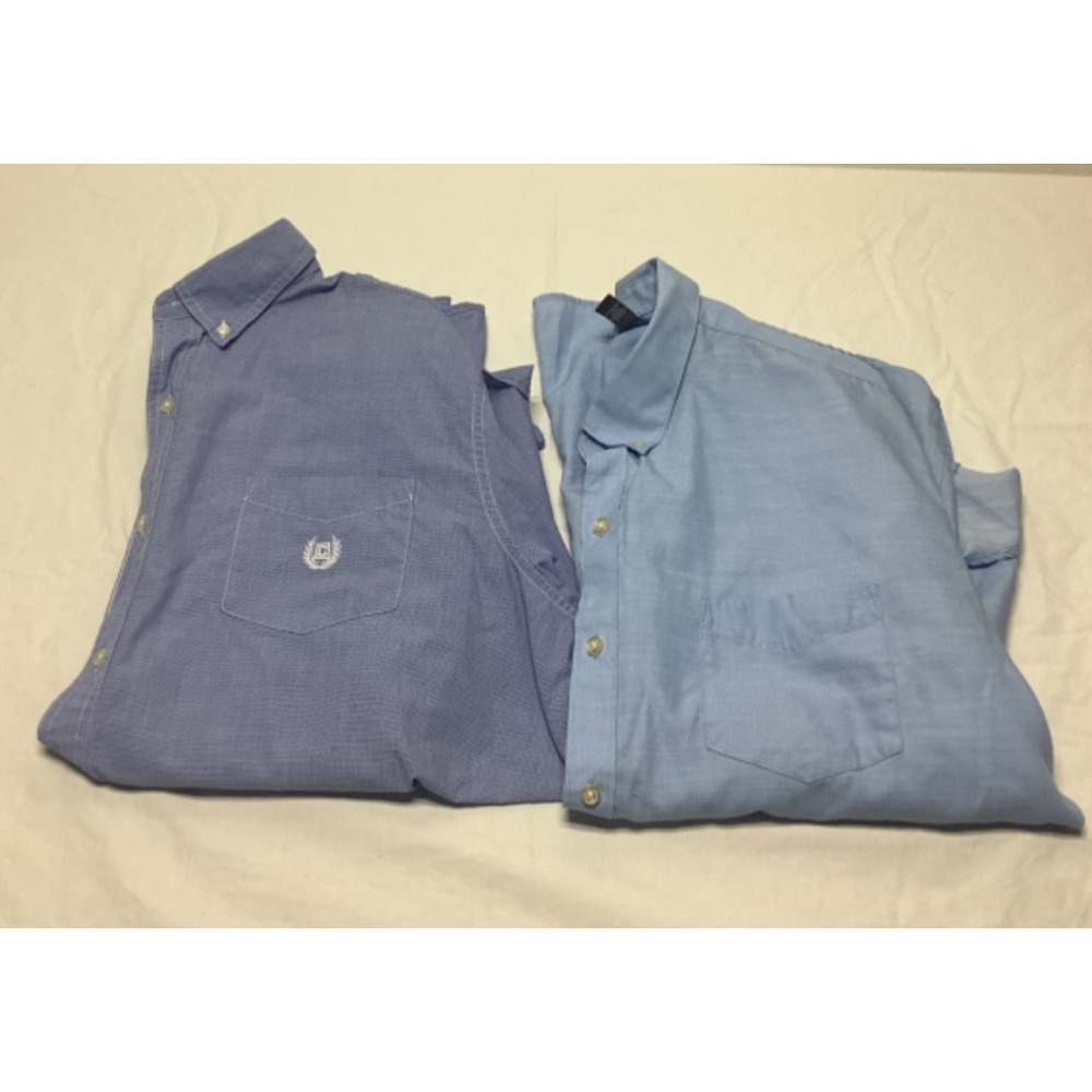 Two Mens Size XXL Blue Button Short Sleeve Collared Shirts Chaps Van Huesen